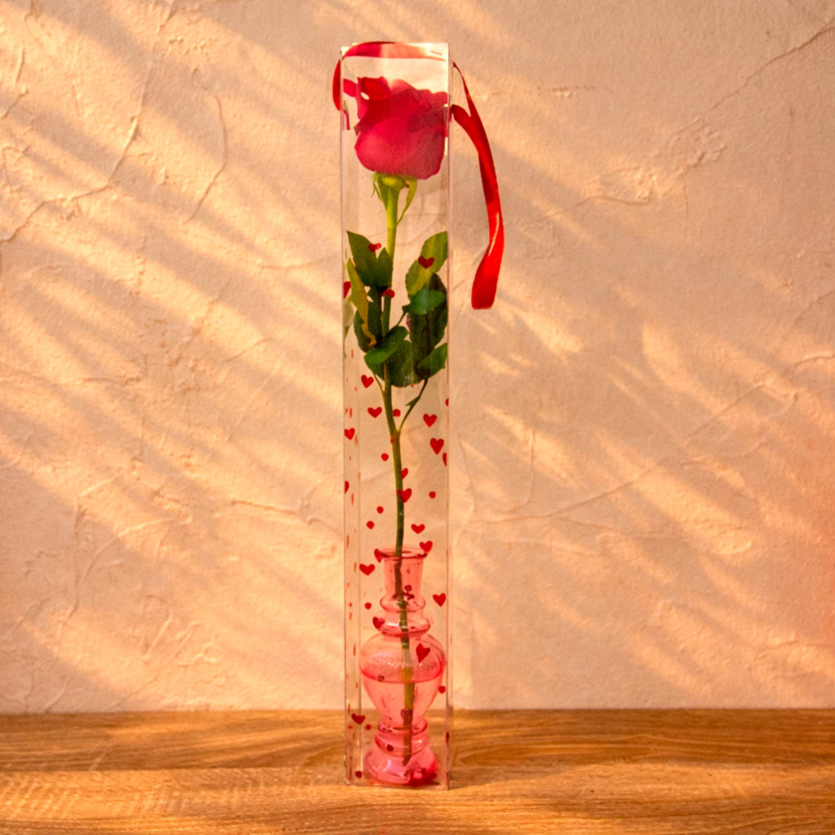 Rosa en jarrón y caja transparente